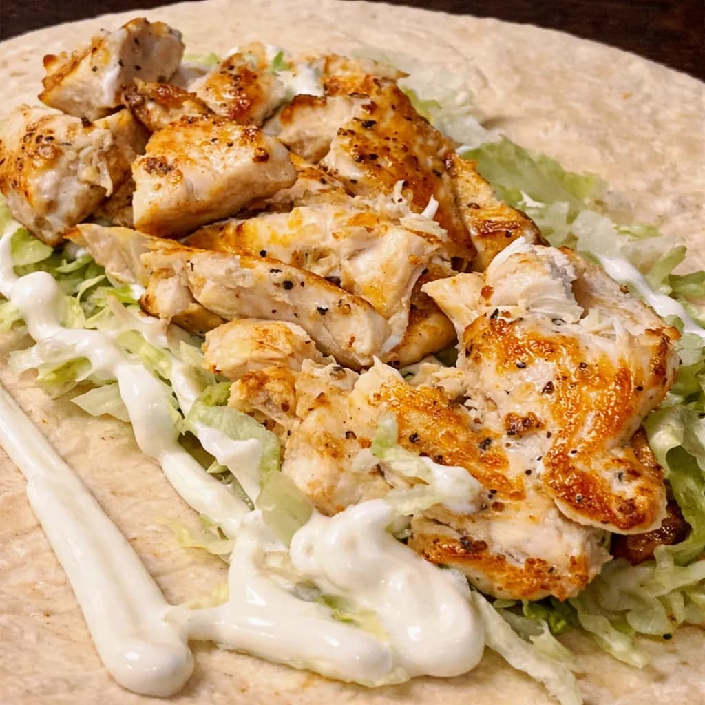 Chicken wrap with grilled chicken pieces, shredded lettuce, and garlic sauce on a flatbread.