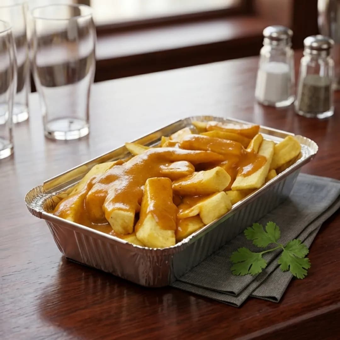 A photograph on a wooden bar top shows an aluminum foil takeaway container overflowing with thick-cut fried chips covered in a rich orange curry sauce. A fresh sprig of coriander rests next to it on a cloth napkin. In the softly blurred background are empty pint glasses, salt and pepper shakers, and a window. In the sharp foreground, a brass plaque is affixed to the bar edge, featuring an engraved chili pepper logo and the text "CHIPS & CURRY".