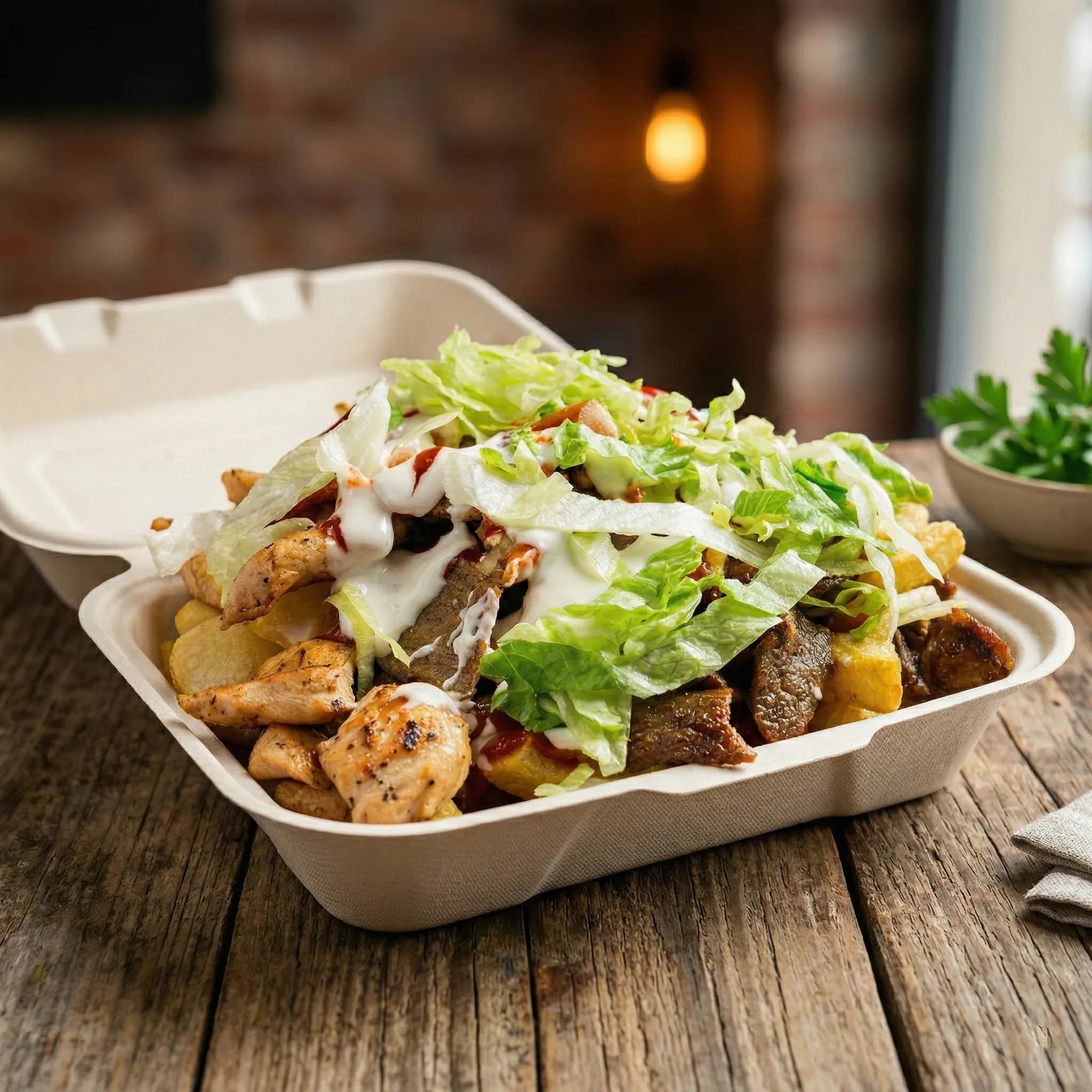 Mixed kebab tray with chips topped with grilled chicken and doner meat, shredded lettuce, and drizzled with garlic sauce and chili sauce, served in a takeaway container on a wooden table.