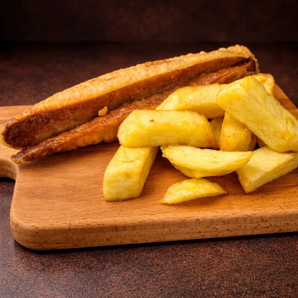 A close-up photograph of a crispy, deep-fried battered sausage, split open lengthwise. The food is presented on a light wood serving board against a dark, textured background.