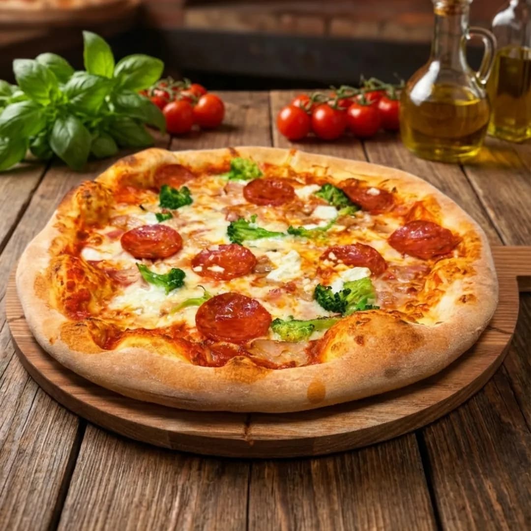 Pizza topped with melted mozzarella, pepperoni slices, and broccoli pieces on a golden crust, served on a wooden board with basil, cherry tomatoes, and oil bottles in the background.