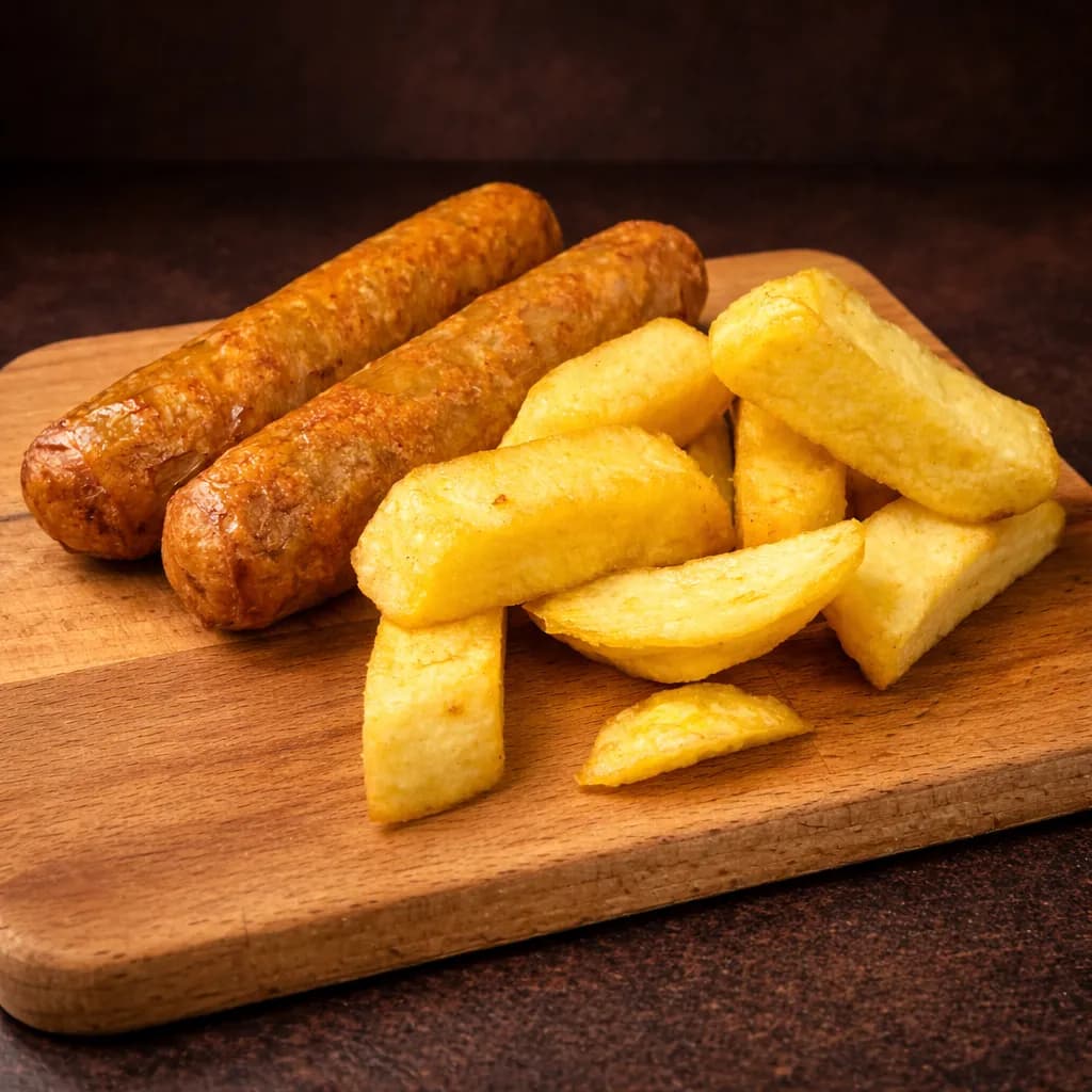A close-up photograph of two cooked, golden-brown sausages served alongside a portion of thick-cut chips. The food is arranged on a light wood serving board against a dark, textured background.