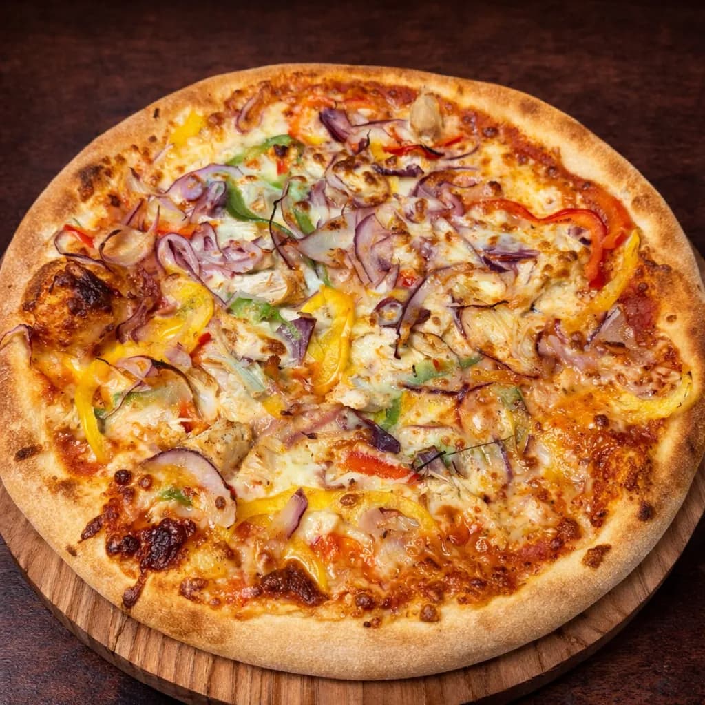 Vegetarian pizza topped with melted cheese, sliced red onions, and mixed bell peppers on a golden crust, served on a wooden board.
