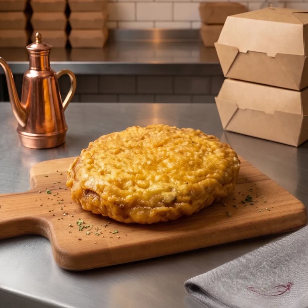 A detailed photograph of a large, golden-brown, crispy battered food item, seasoned with herbs and pepper, presented on a wooden cutting board with a handle. The board rests on a brushed stainless steel counter next to a stack of grey linen napkins with a maroon chili pepper logo. The background features a white subway tile wall, copper pendant lights, multiple stacks of brown cardboard takeaway boxes, and a copper oil cruet, all within a professional modern kitchen setting.
